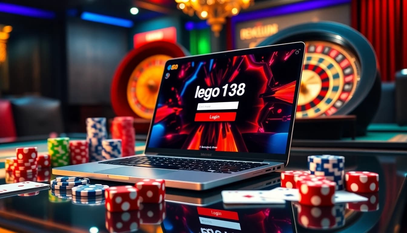 Experience the thrill of online gambling with lego138 login on a luxurious casino interface surrounded by poker elements.