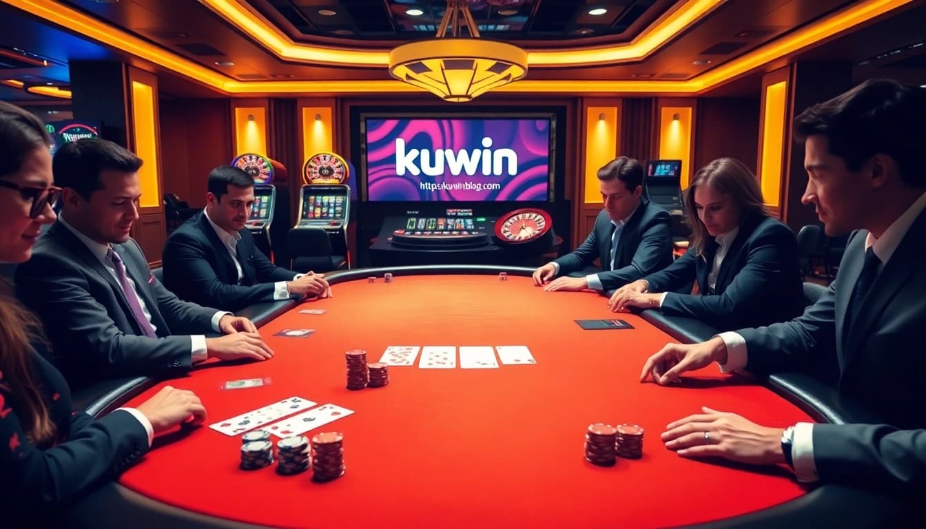 Engaging players at a luxurious gambling table featuring https://kuwinblog.com/ and vibrant casino visuals.