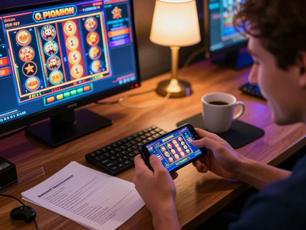 Player engaging with the okwin casino app, showcasing vibrant gameplay on smartphone amidst a cozy gaming environment.