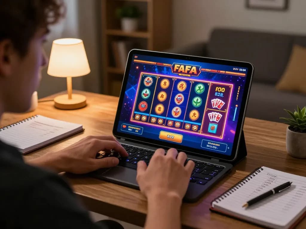 Player enjoying FAFA 828 online casino on tablet, strategic gaming scene showcasing engagement and excitement.