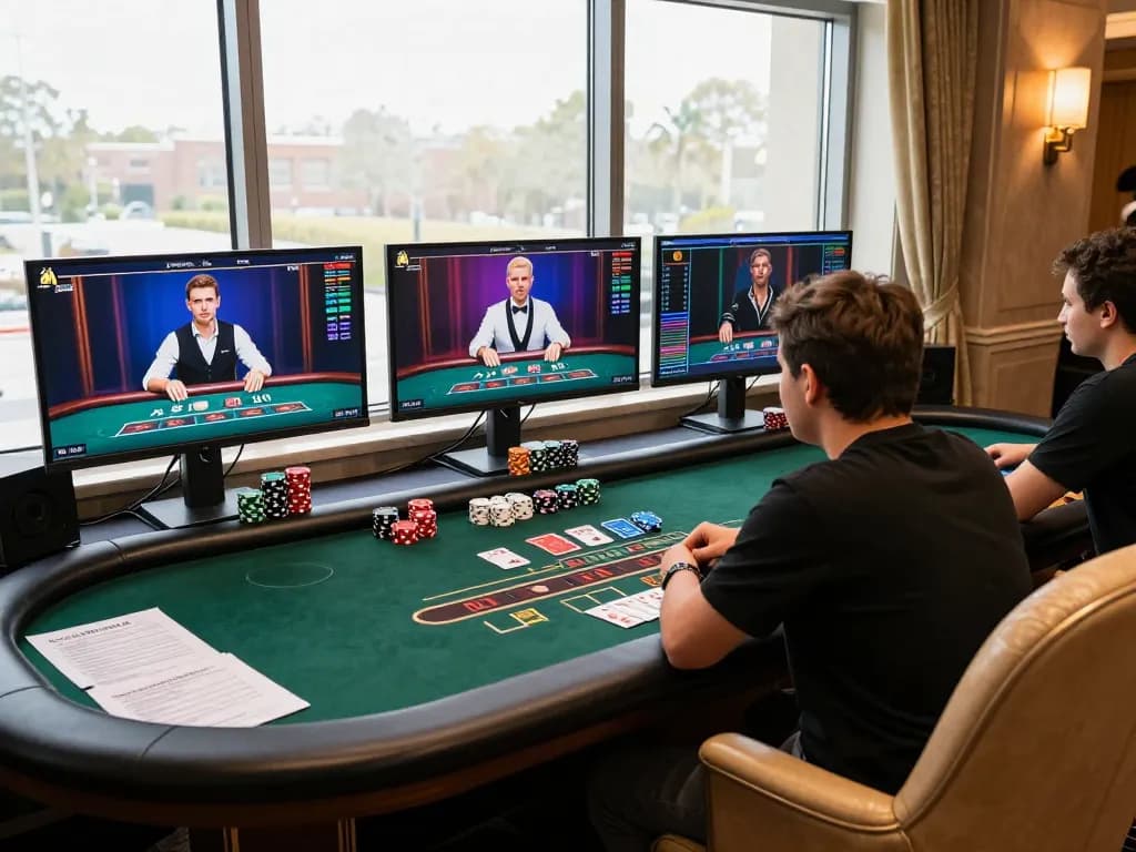 Juraganbet88 player engaged in a thrilling blackjack game at a modern gaming setup, showcasing immersive online gambling experience.