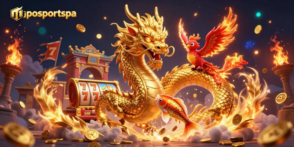 Experience the excitement of mposportspa with this vibrant casino illustration featuring dragons, phoenixes, and golden coins.