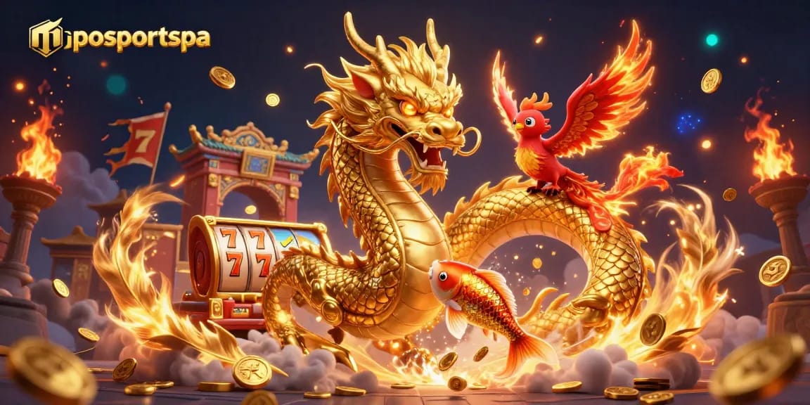 Experience the excitement of mposportspa with this vibrant casino illustration featuring dragons, phoenixes, and golden coins.
