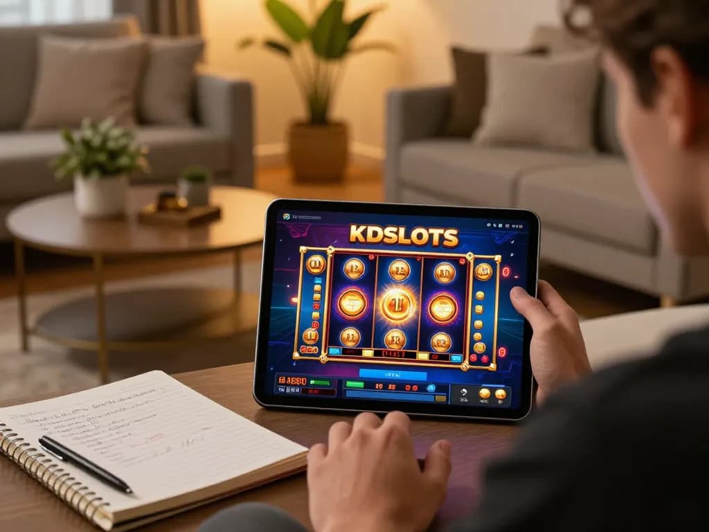 KDSlots user engaging with online casino app on tablet in a cozy home setting.