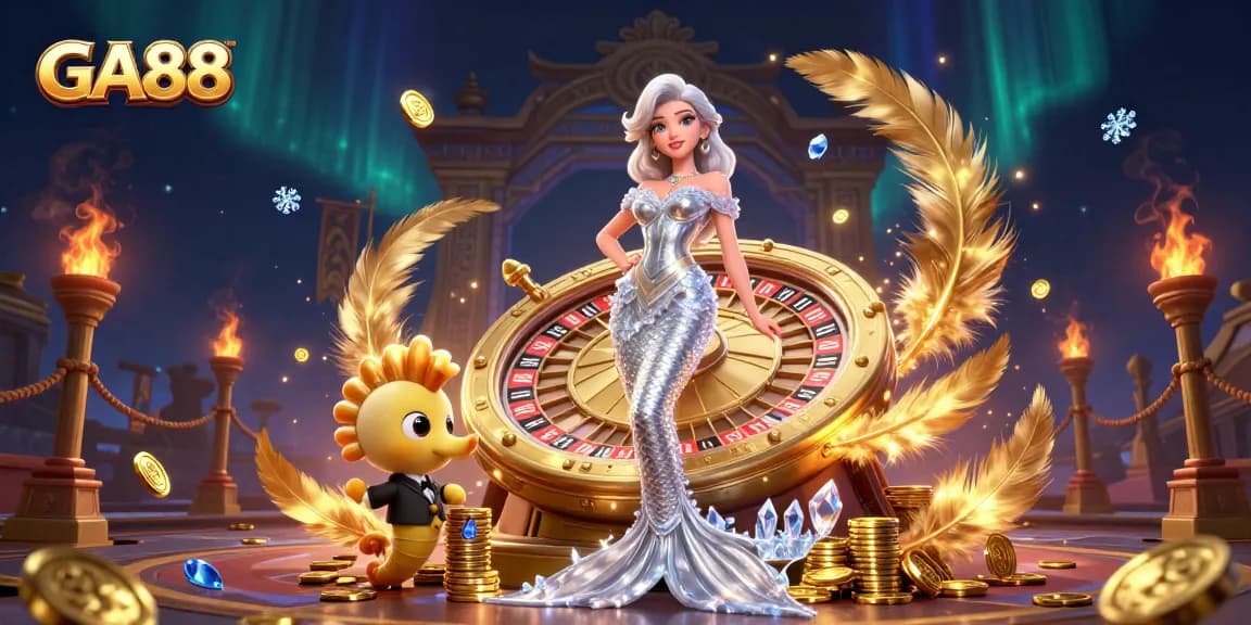 GA88 showcases an elegant casino scene featuring a stunning woman by a roulette wheel, vibrant gaming elements.