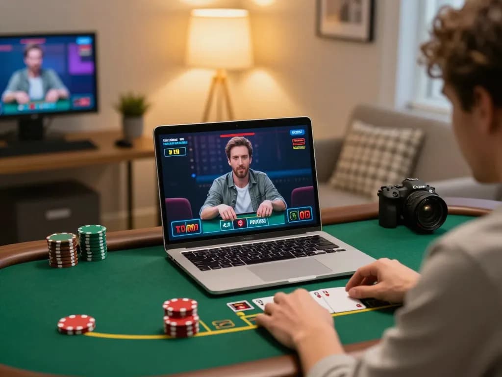 Pemain MPO1221 terlibat dalam permainan blackjack dealer langsung di pengaturan kantor rumah yang bergaya, menampilkan pengalaman permainan daring yang mendalam