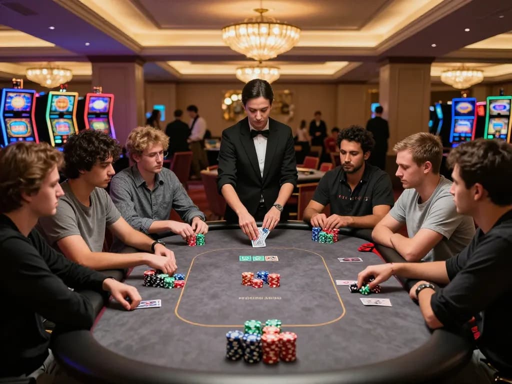 Engage in high-stakes poker action at casino with TT88 strategy, players and dealer involved in gameplay