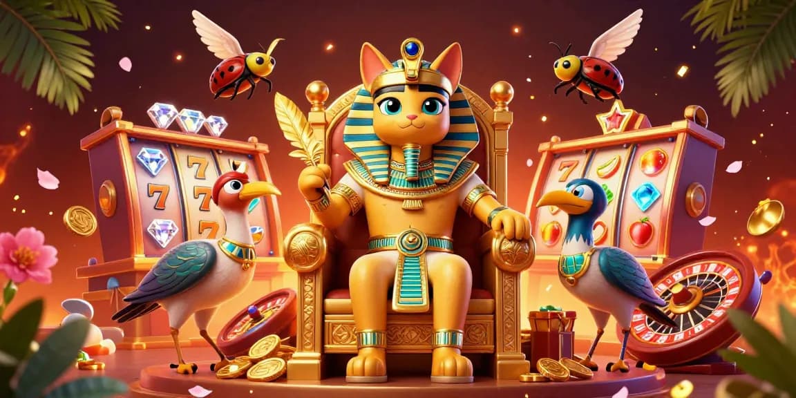 Engage in exciting สล็อต gameplay featuring pharaoh characters and golden elements in a vibrant casino setting.