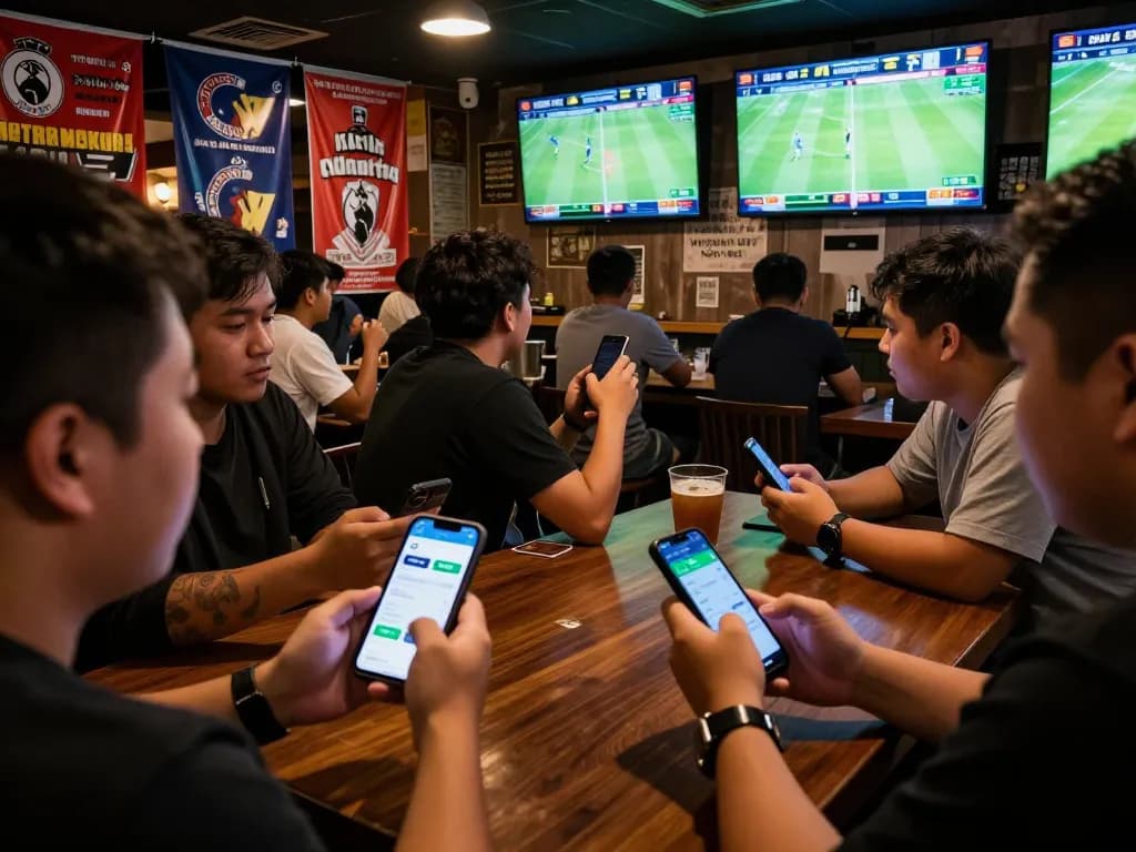Engaged patrons placing kèo bóng đá bets on smartphones while watching live matches in a lively sports bar.