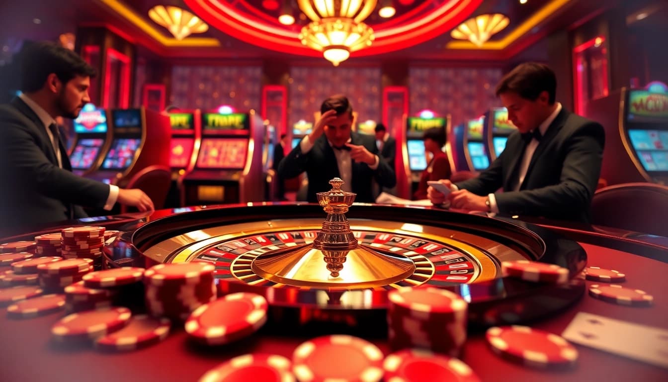 A thrilling gaming scene showcasing the excitement of Ketquaxoso at an elegant casino roulette table with vibrant poker chips.