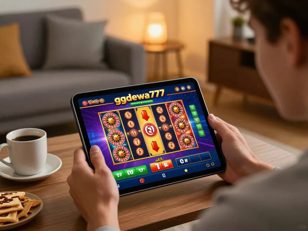 Engaging with ggdewa777 online casino slots on a tablet in a cozy living room setting