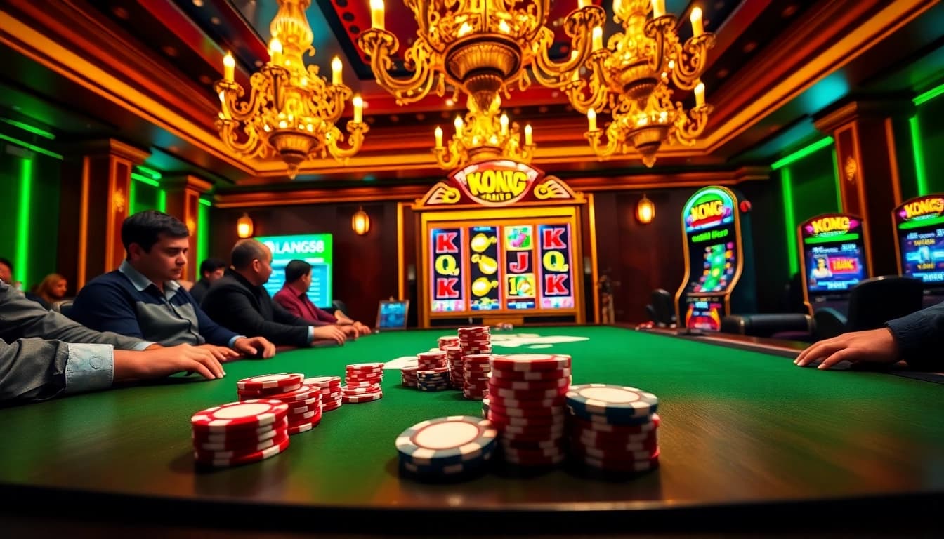 KONG88 poker table action with vibrant chips and slot machine in a luxurious casino setting