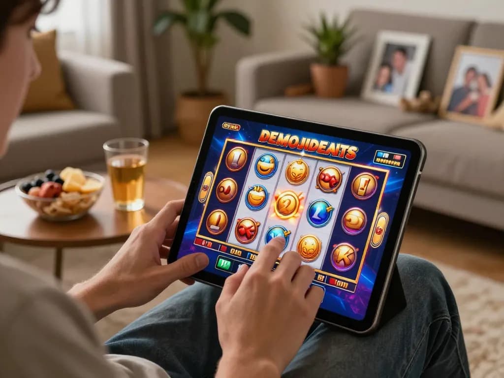 Engaging in demo slot gameplay on a tablet in cozy home setting, celebrating colorful spinning reels.