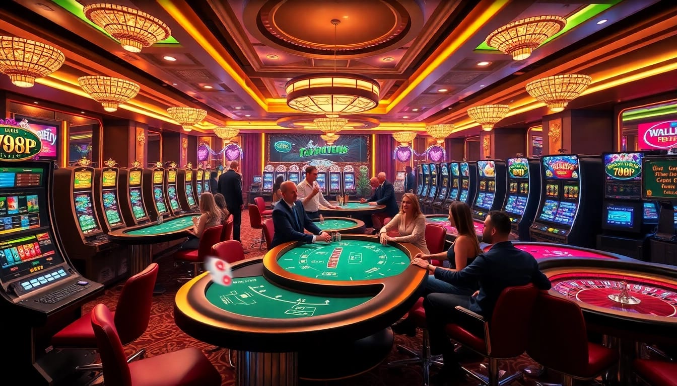 Players winning at 789P casino tables surrounded by vibrant slot machines and dynamic gambling ambiance.