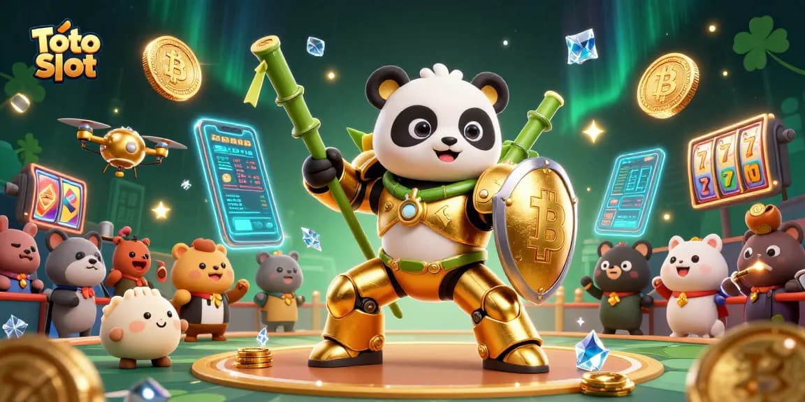 Putar Toto Slot dalam suasana kasino modern dengan panda keemasan dan robot bambu.
