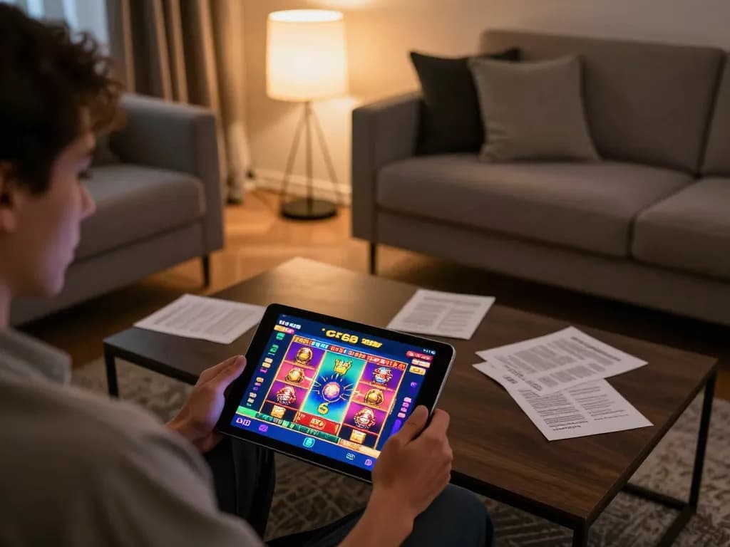Engaging with CF68 gaming app in a modern home setting, displaying vibrant slot game.