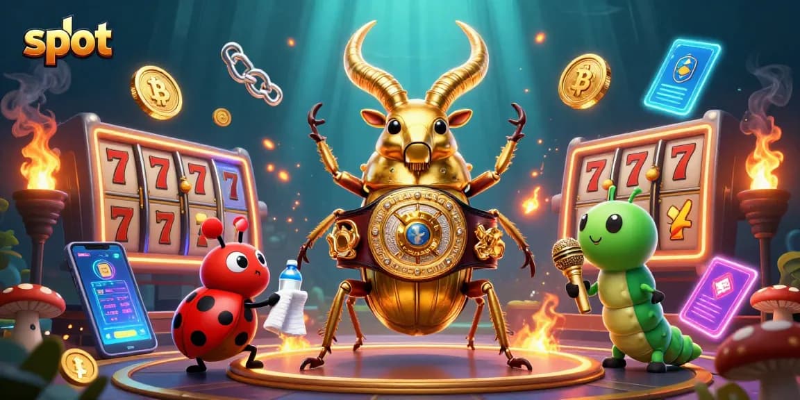 Experience thrilling slot action with a golden stag beetle champion in a vibrant casino illustration.