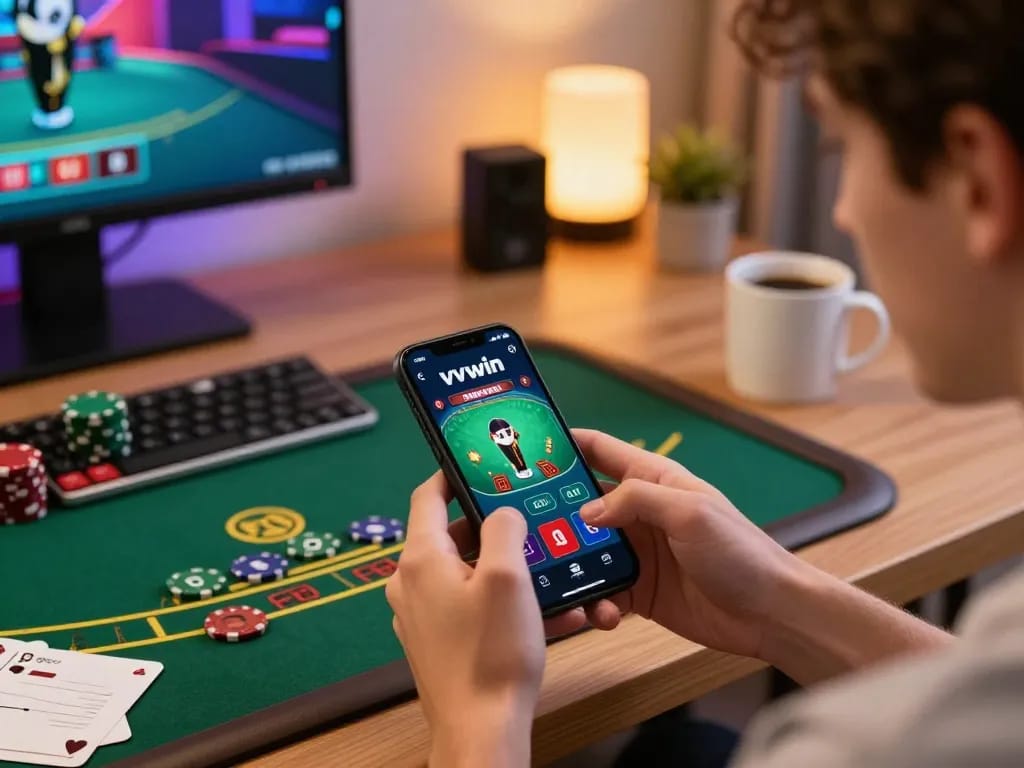 Engaged player using vvvwin app for strategic blackjack gameplay at home, showcasing modern gaming setup