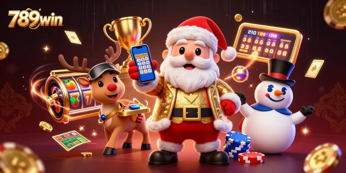 Spin the reels and win at 789win's vibrant casino scene featuring Santa, reindeer, and snowman.