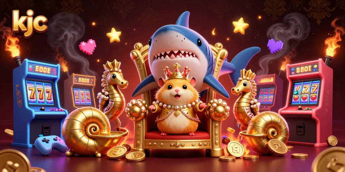Engage with KJC's online gaming experience featuring a golden hamster king in a vibrant casino atmosphere.