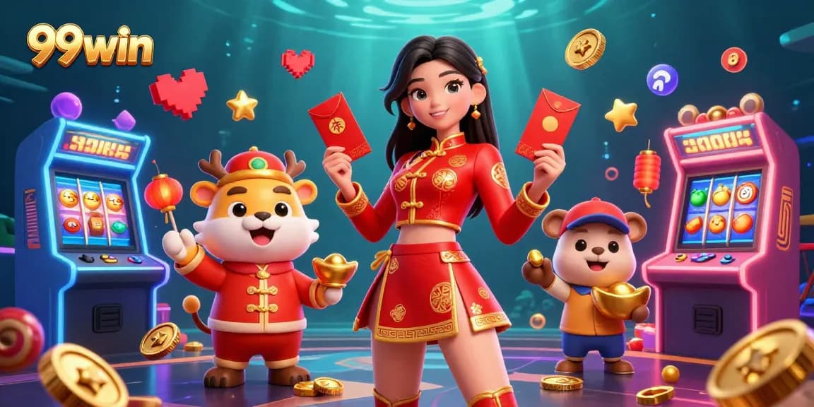 Catch the excitement of 99win with vibrant gaming elements and festive visuals in this dynamic casino scene.