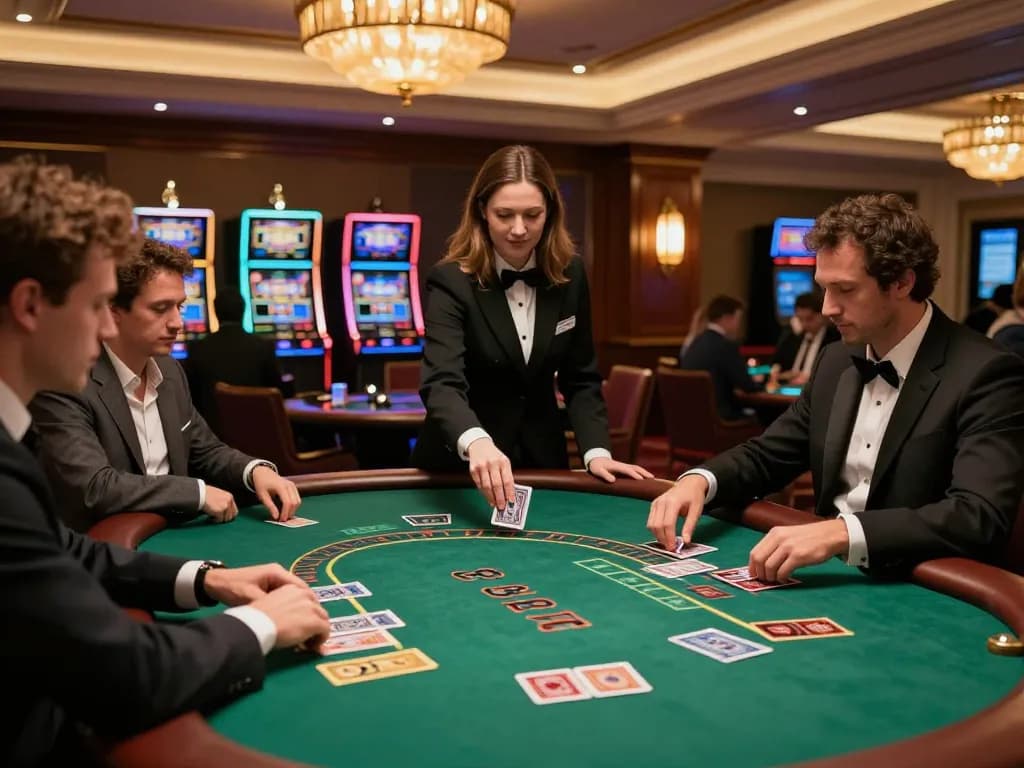 Players engage in strategic blackjack gameplay at a luxurious casino table during an exciting session of mpoid betting.