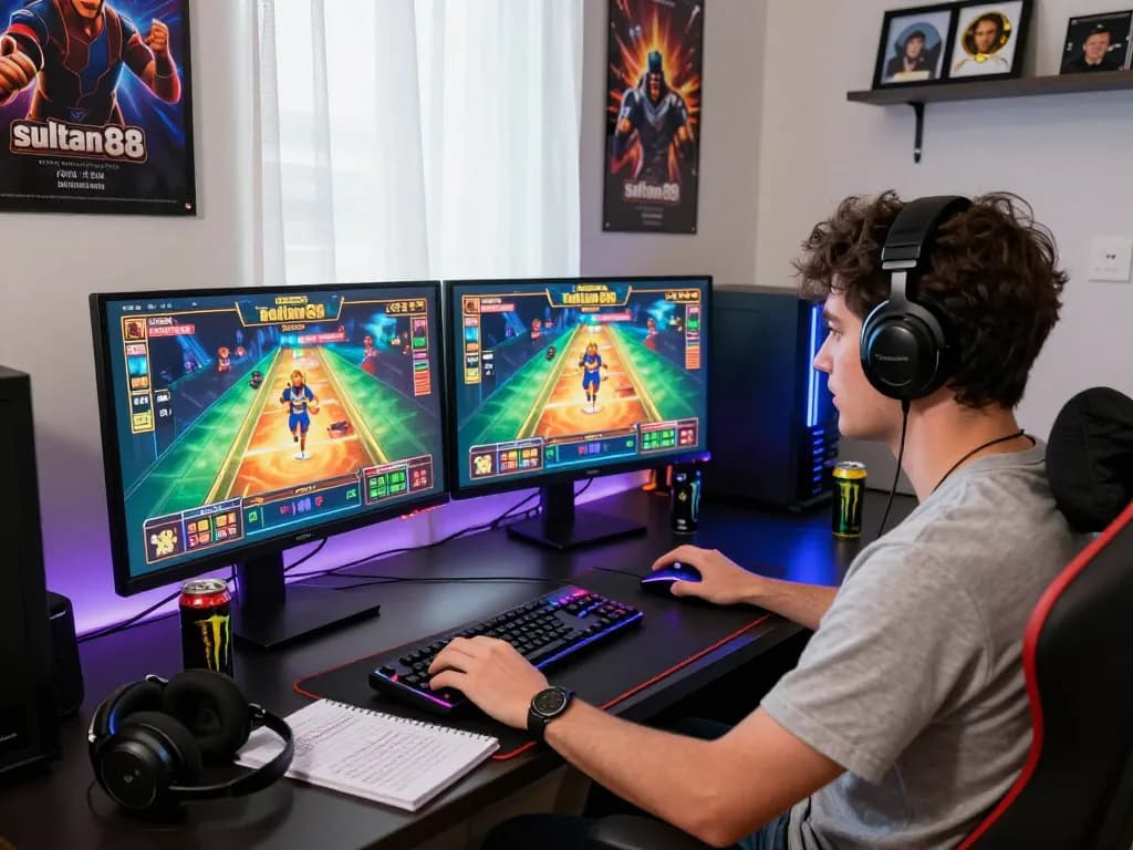 Excited player engaged in sultan88 online gaming, dual monitors showcasing colorful graphics and gaming accessories.
