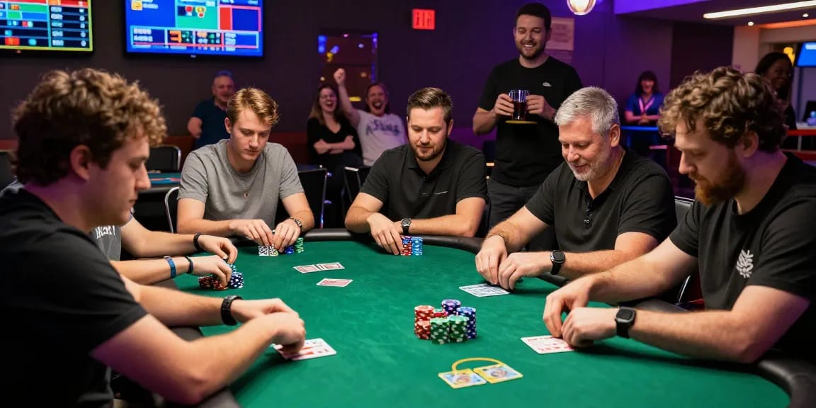 Suasana permainan poker88 di kasino dengan pemain fokus dan suasana meriah