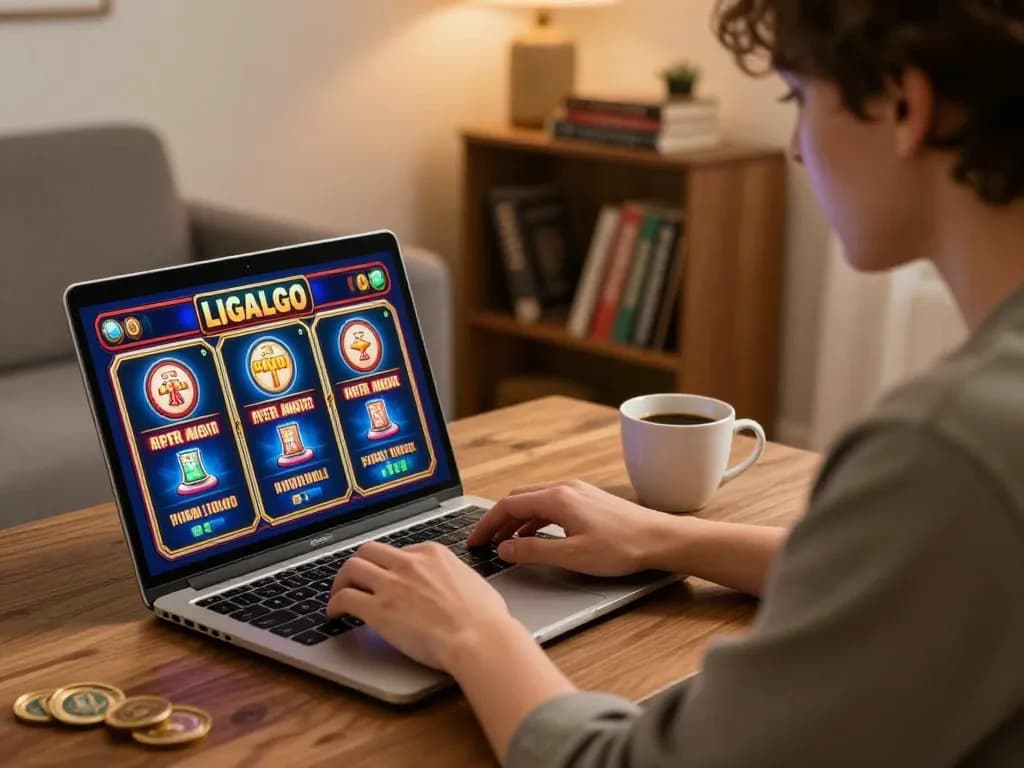 LIGALGO engaging gameplay on a laptop in a cozy home setting, highlighting online slots.