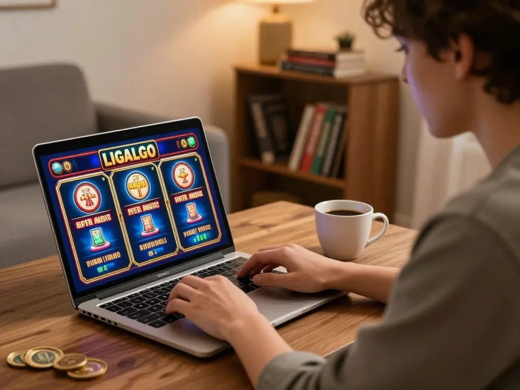LIGALGO engaging gameplay on a laptop in a cozy home setting, highlighting online slots.