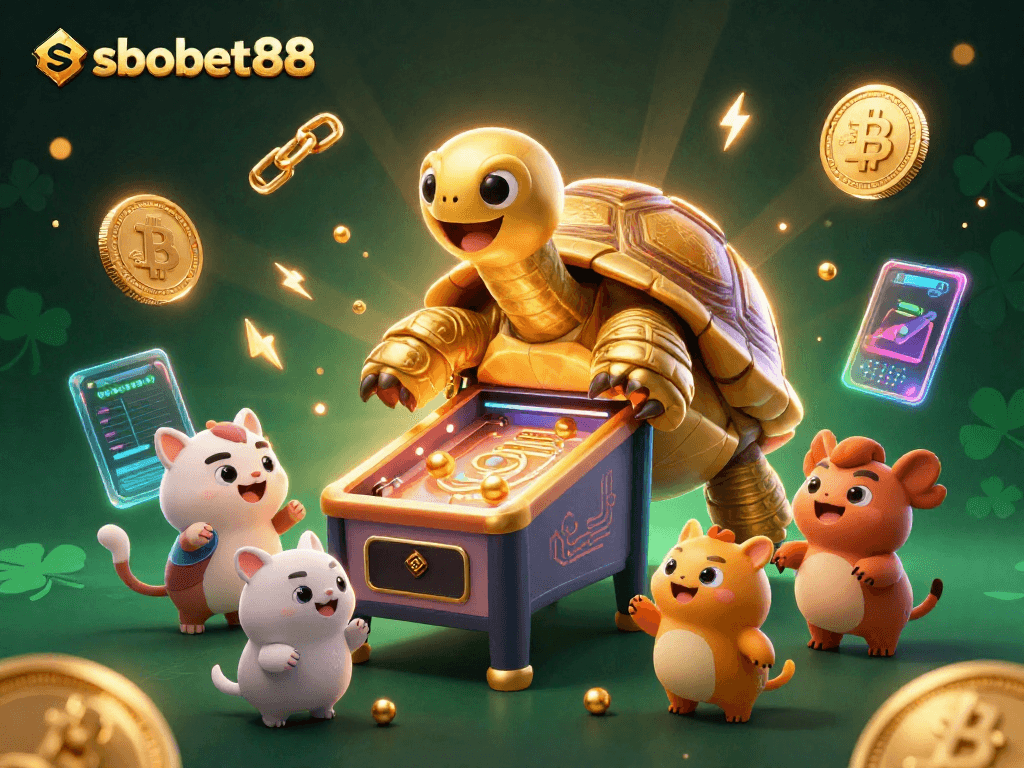 Engage with sbobet88 as a vibrant gaming experience featuring colorful characters and crypto elements.