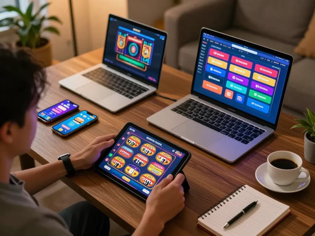 KDTOTO player engaging with Toto and slot games, showcasing colorful online interface and cozy surroundings.