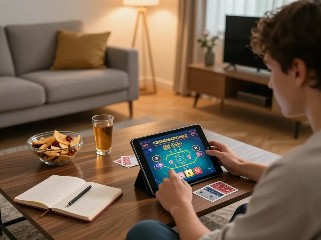 DuckyLuck casino reviews highlight responsible gaming practices while enjoying online poker on a tablet at home.