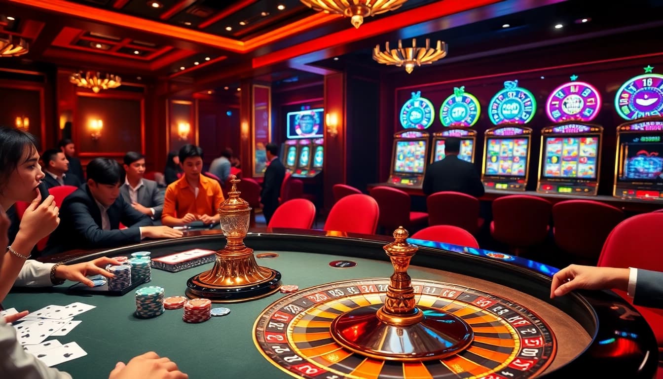Players enjoying intense gameplay at a poker table featuring the bdtk1 app interface in a luxurious casino scene.