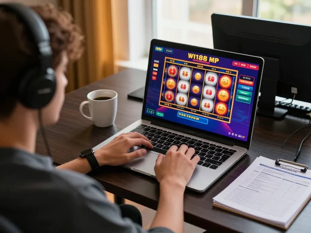 w188 user enjoying an online casino game, spinning colorful slot machine reels in a cozy setting