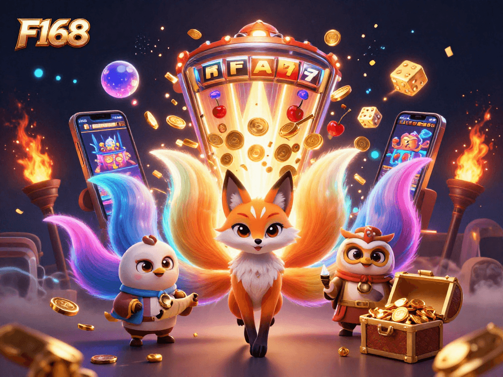 Experience the vibrant gaming world of F168 with this engaging digital art featuring a slots explosion and iconic symbols.