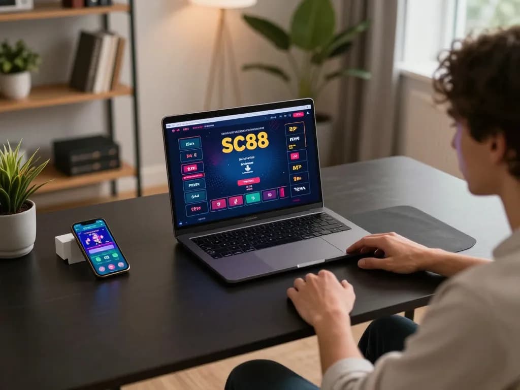 Engaging in sc88 poker strategies at a modern online gaming desk with vibrant interface
