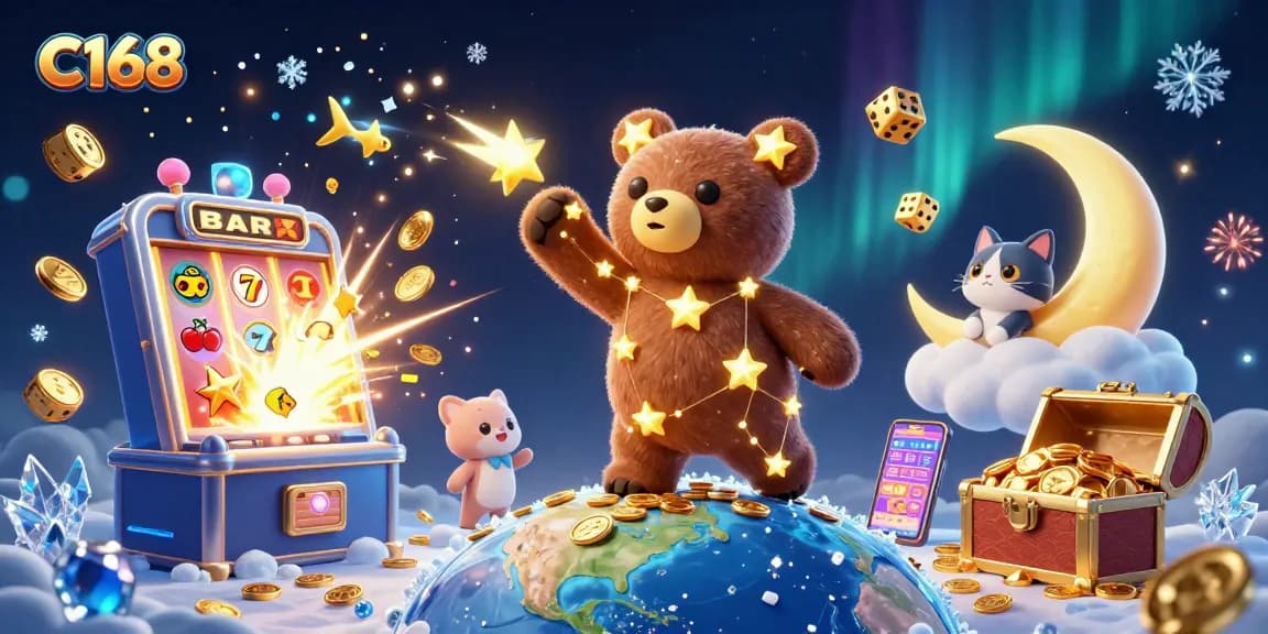 Snag jackpots at C168 with a captivating cosmic theme featuring stars, slots, and treasure!