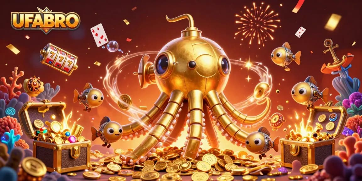 Join UFABRO in thrilling online casino action with a vibrant 3D scene filled with slots and treasures.