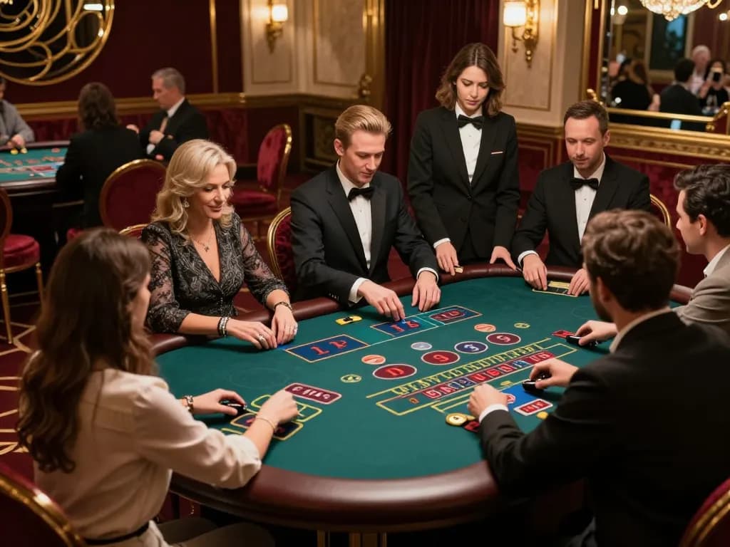 Players strategizing at a n188vip baccarat table in a luxurious casino setting.