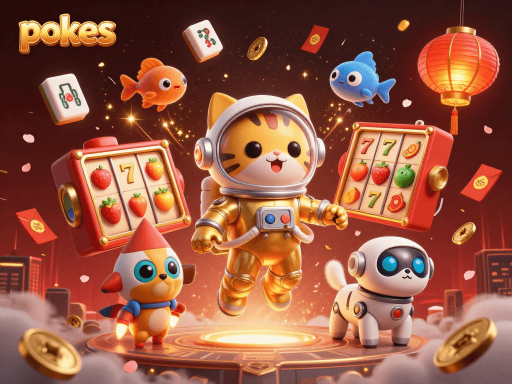 Spin pokies with a 3D cartoon astronaut cat and vibrant casino elements in a cosmic scene.