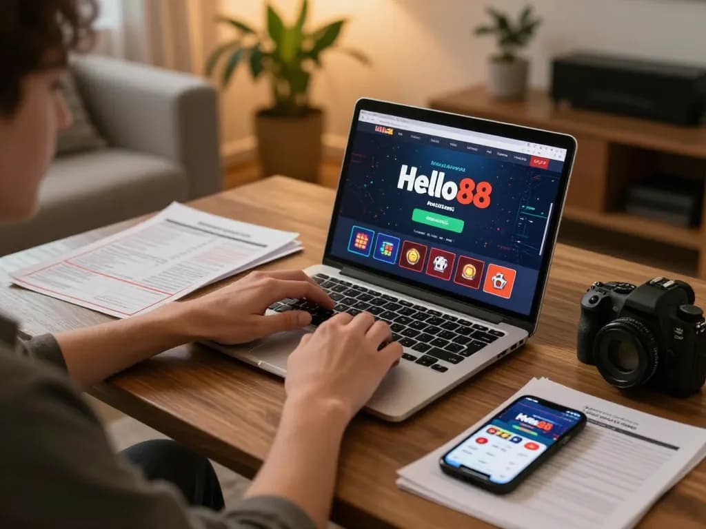 Hello88 online gaming session, showing a player engaging with casino interface at home.