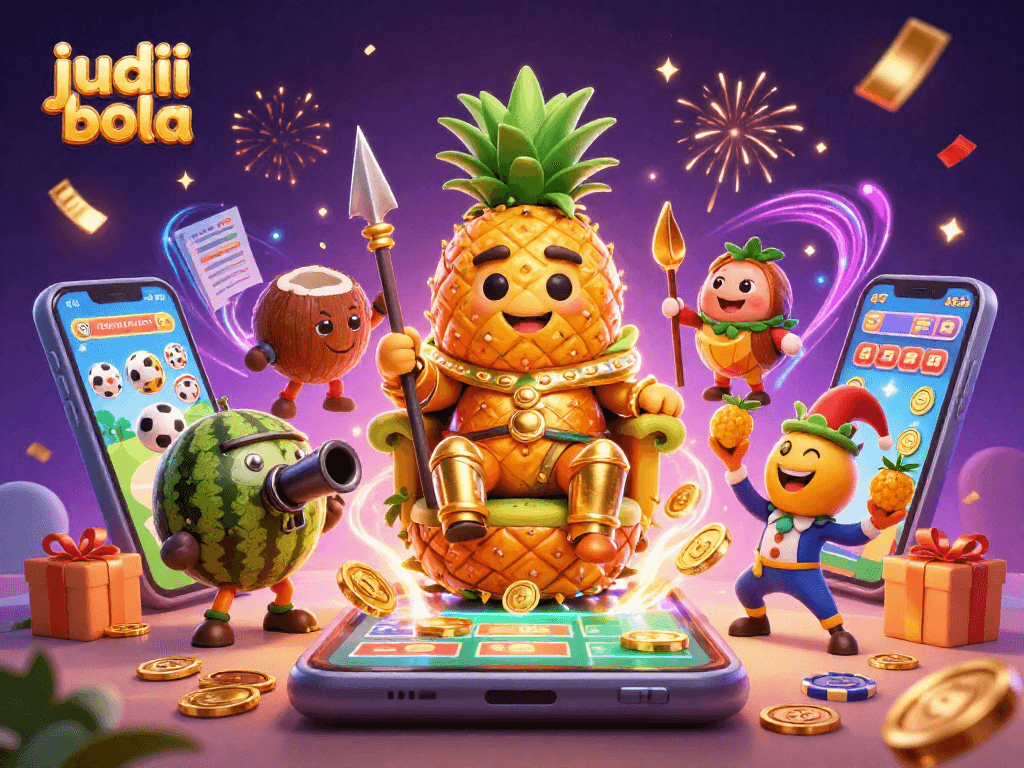 Engage with judi bola on an exciting beach casino scene featuring a golden pineapple king and dynamic betting elements.