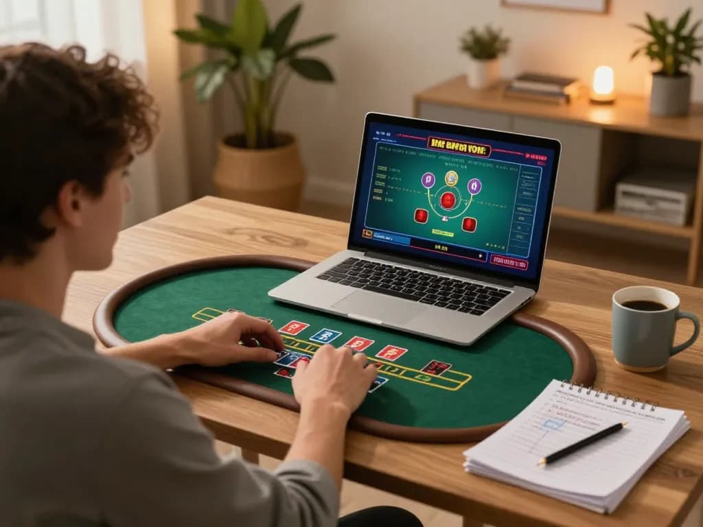 Gaming at ytr88 on a laptop, player engaged in blackjack strategy with notes.
