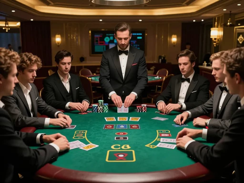 Players strategizing at a blackjack table in a luxurious casino during a session at 7-hd, showcasing excitement and gameplay.