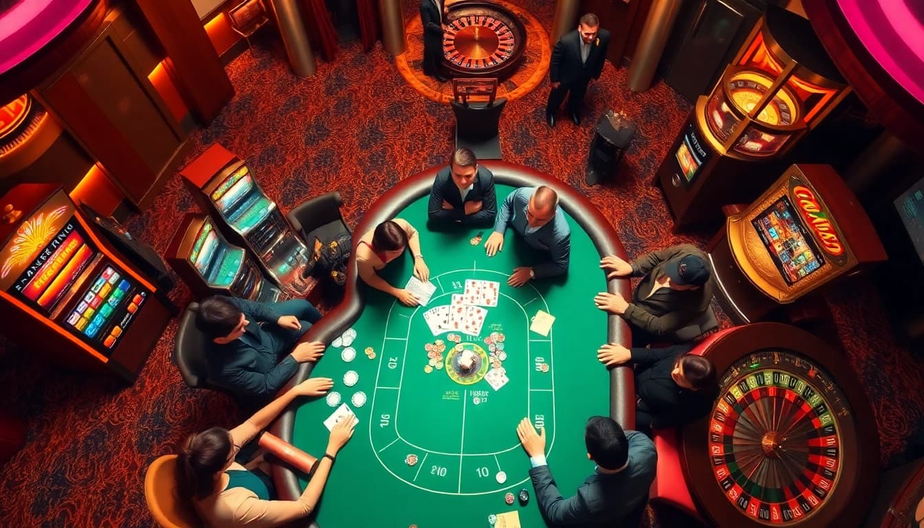 Exciting players enjoying the B52 game at a glamorous casino table amidst vibrant slot machines.