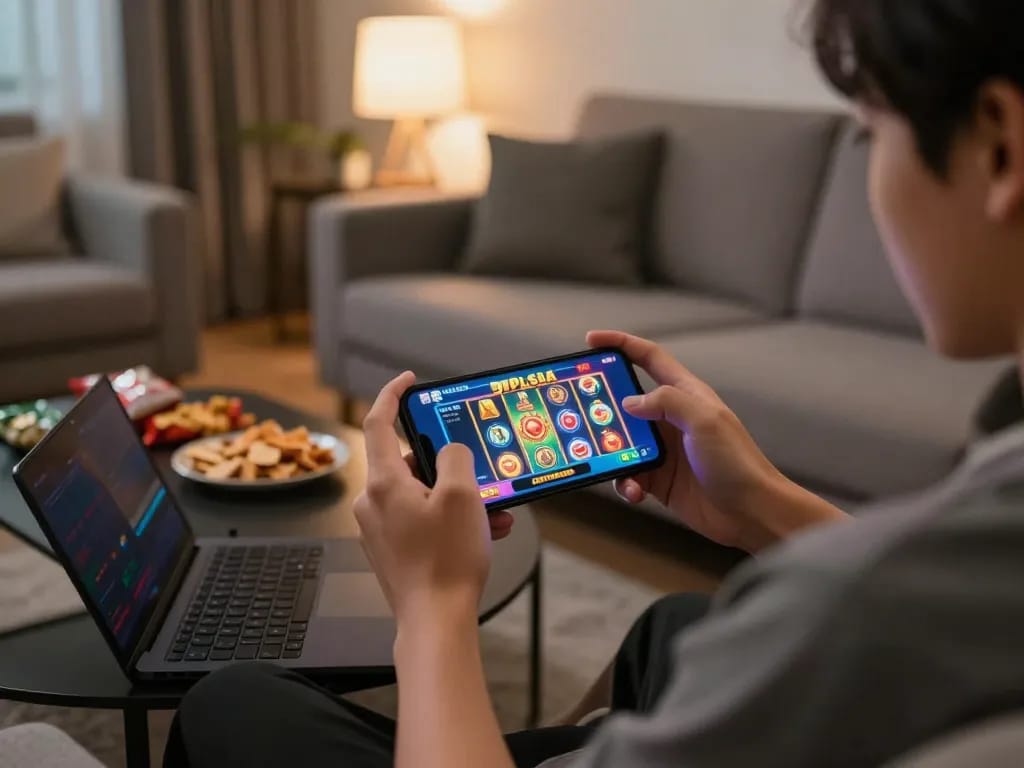 Terlibat dengan permainan slot pulsa di smartphone di ruang tamu yang nyaman