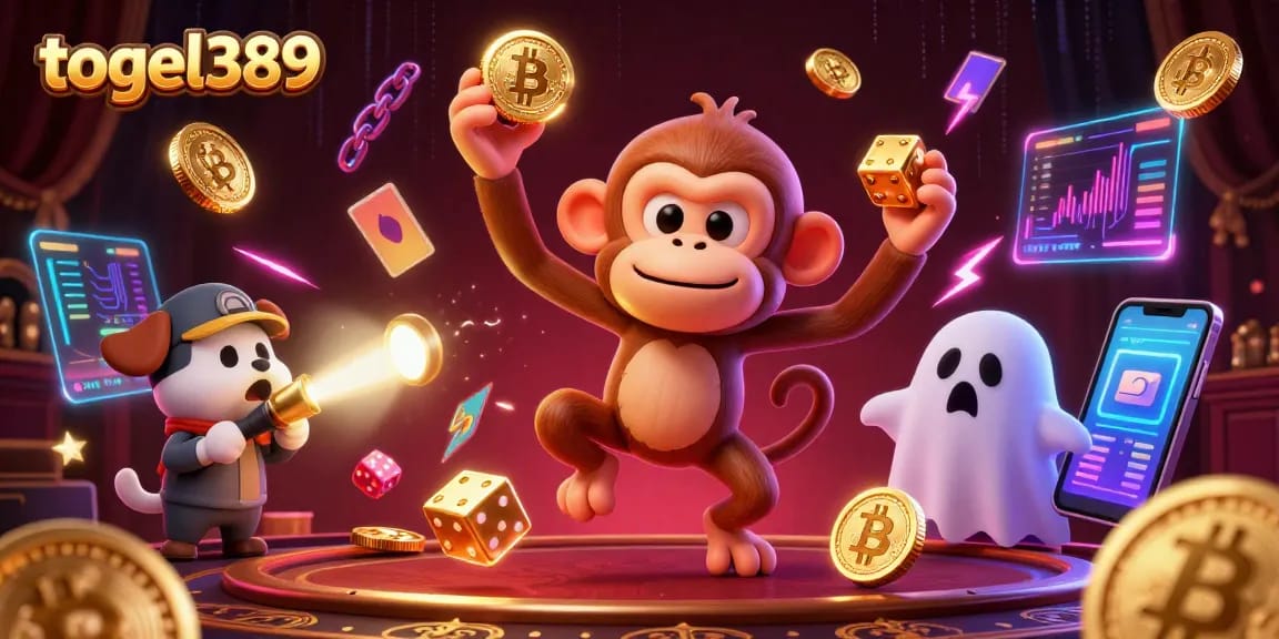 Exciting togel389 casino experience showcasing a playful poltergeist monkey juggling golden coins amidst vibrant gambling elements.