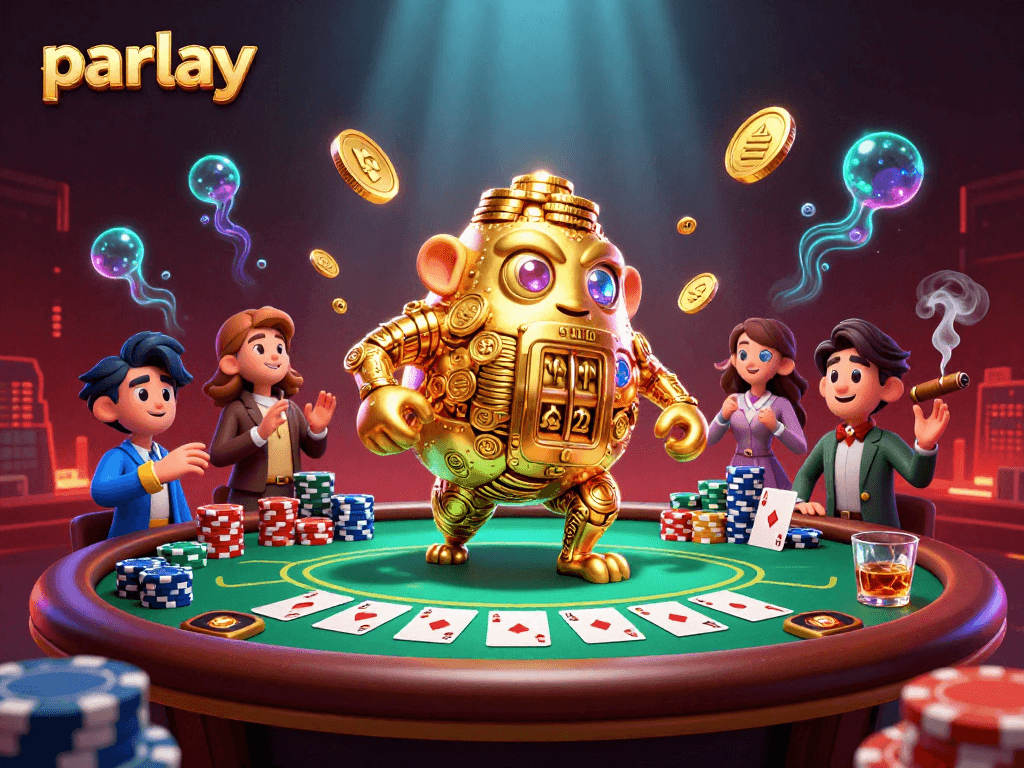 Engage in parlay betting action with golden golem and poker ambiance in vibrant 3D scene.