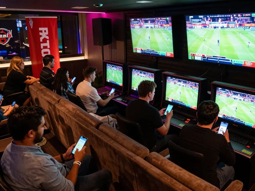 Engaged users placing bets in the lively sports lounge at 11-hd, illuminated by vibrant screens showing live events.